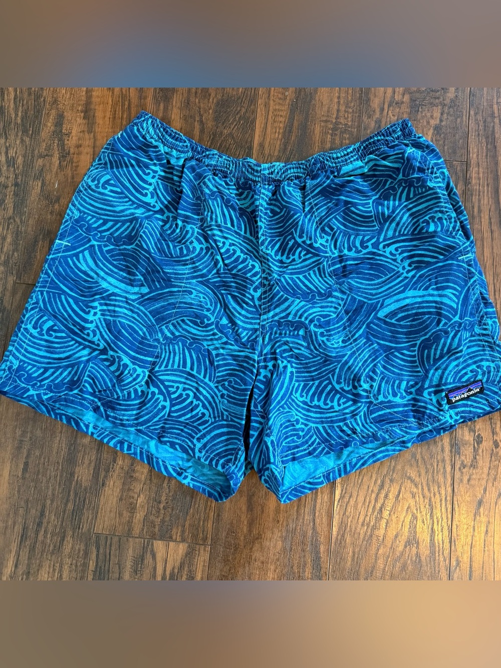Patagonia Men’s Teal and Navy Wave-Print Swim Trunks